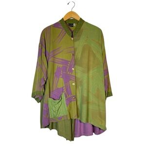 Iguana Button Down Tunic Top Boxy Wearable Artsy Boho Womens XL Purple Green